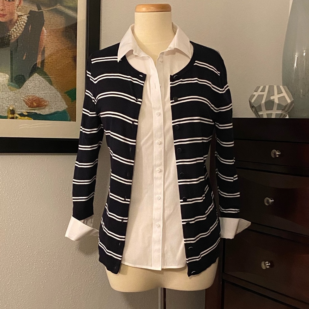 Talbots navy and white 3/4 sleeve cardignan